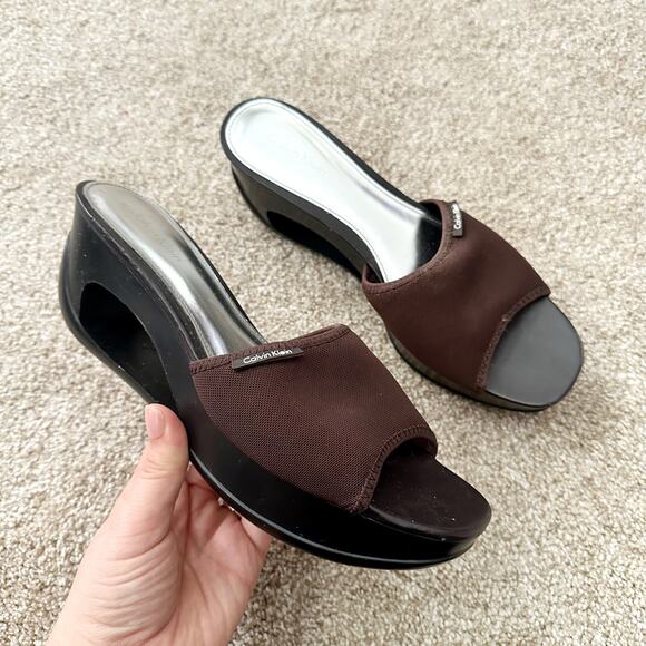 Calvin Klein Vintage 90s Y2K Chocolate Brown Cutout Wedge Platform Sandals 7.5 - Picture 1 of 7